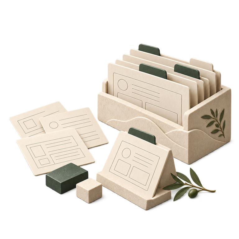 Record cards beside an ivory organiser, with one card displayed on a separate stand.