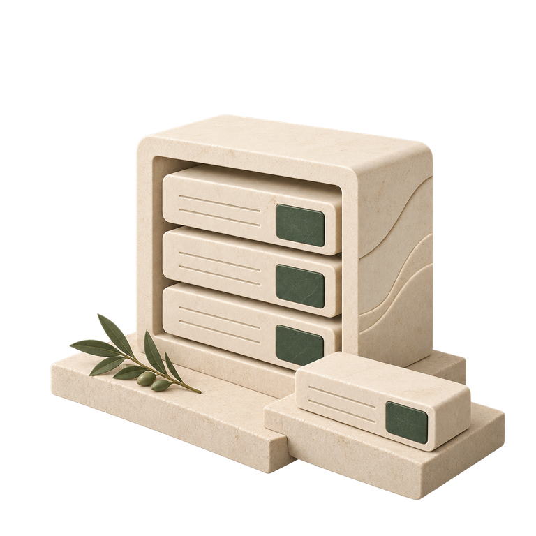 An ivory cabinet holds three modules, with another module resting beside it.