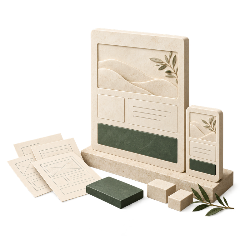 Sculpted website and mobile layouts beside planning sketches and modular blocks.