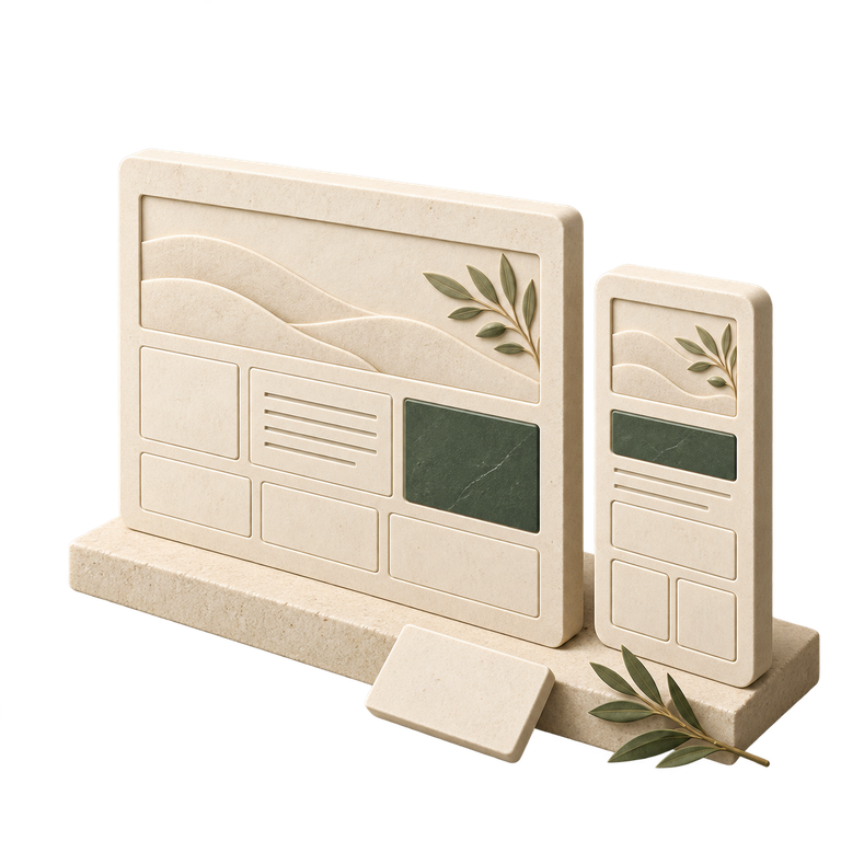 Desktop and mobile page layouts illustrated as ivory stone panels with green accents.